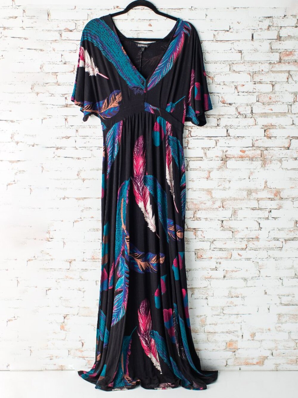 Express Maxi Women's Small Dress Vibrant Feather Print Pink Black Teal